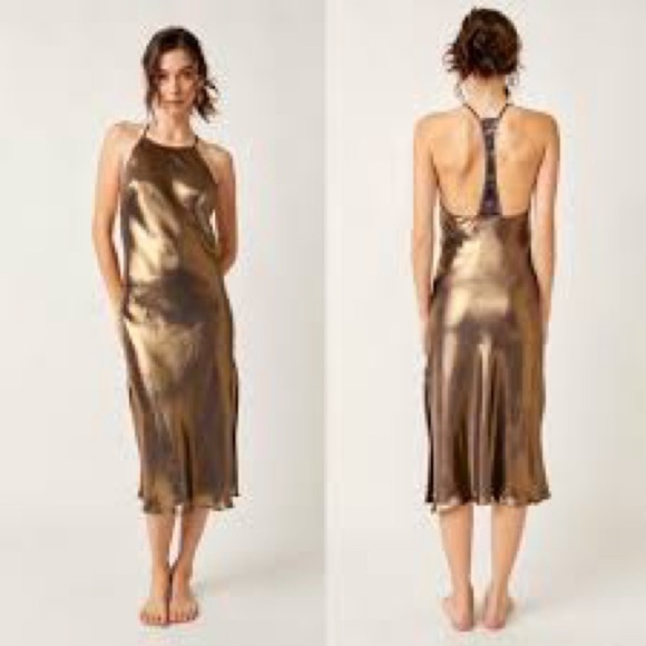 Free People Racerback Gold Foil Shimmer Metallic Satin Midi Slip Dress Size L - Picture 1 of 1